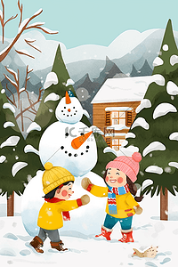 毛线帽子插画图片_冬天一起堆雪人孩子卡通手绘插画
