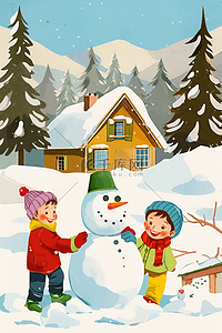 毛线帽子插画图片_孩子一起堆雪人卡通手绘插画冬天