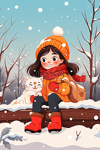 黑色白色红色插画图片_可爱女孩小猫雪景冬天手绘插画