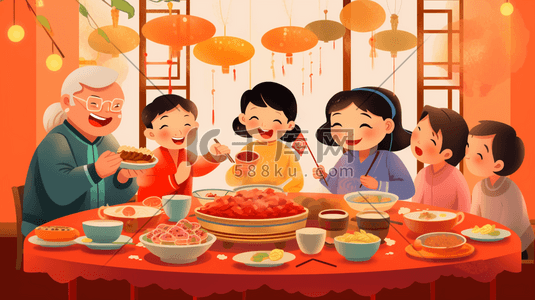 农历春节插画图片_春节一家人围桌吃年夜饭插画7