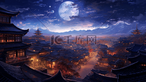 中国古代城镇圆月夜景插画2