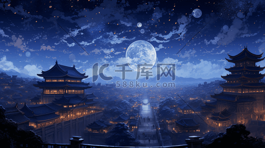 中国古代城镇圆月夜景插画10