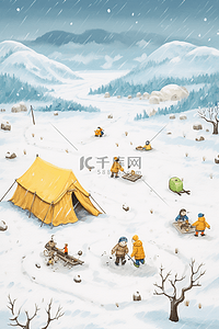 下雪的效果插画图片_卡通手绘冬天白雪露营插画