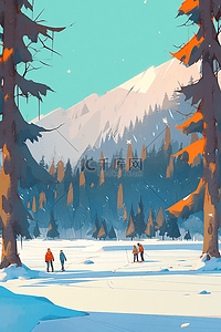 手绘冬天雪景一群人滑雪插画海报