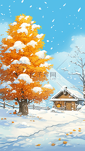 松树树叶插画图片_插画冬天手绘唯美雪景