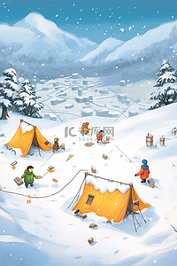 下雪的效果插画图片_白雪露营冬天卡通手绘插画