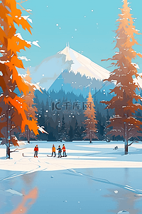 棕色海报插画图片_雪景一群人滑雪手绘插画冬天海报