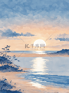 海滩天空插画图片_海滩天空云彩蓝色插画日出唯美