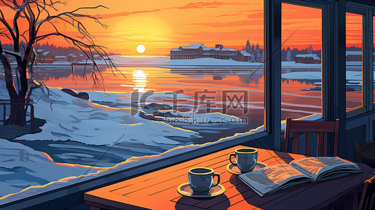 早晨的阳光插画图片_桌子咖啡窗外冬天的早晨8