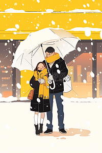 冬天情侣插画雪景手绘海报