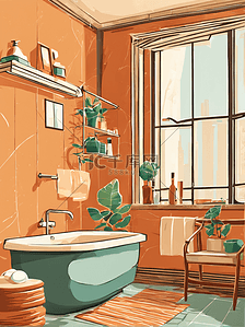 按摩浴缸插画图片_洗手间卫生间浴缸房间内景插画无人现代城市