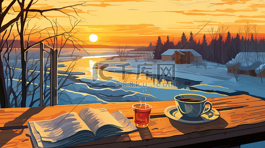 早晨的阳光插画图片_桌子咖啡窗外冬天的早晨6