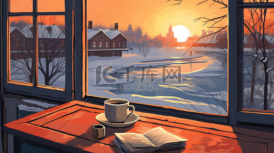早晨的阳光插画图片_桌子咖啡窗外冬天的早晨19