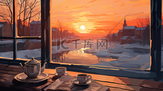 早晨的阳光插画图片_桌子咖啡窗外冬天的早晨11
