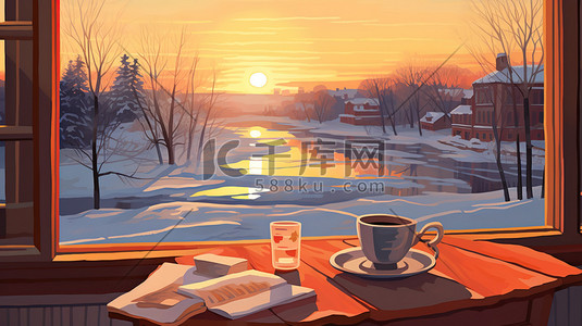 早晨的阳光插画图片_桌子咖啡窗外冬天的早晨20