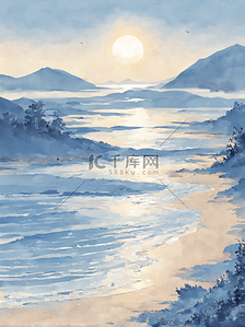 海滩天空插画图片_海滩天空云彩蓝色插画日出唯美