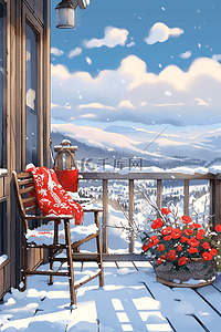 唯美冬天插画雪山手绘海报