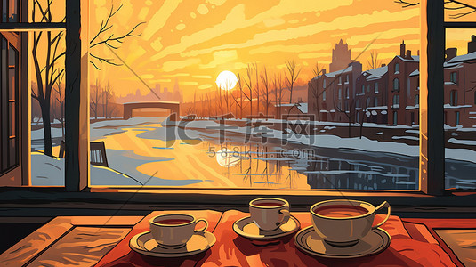 早晨的阳光插画图片_桌子咖啡窗外冬天的早晨1