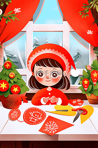 剪纸绿插画图片_迎新年女孩剪纸手绘插画海报