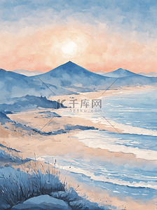 海滩天空插画图片_海滩天空云彩蓝色插画日出唯美