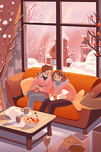 粉色温暖背景插画图片_手绘插画冬天温暖室内情侣