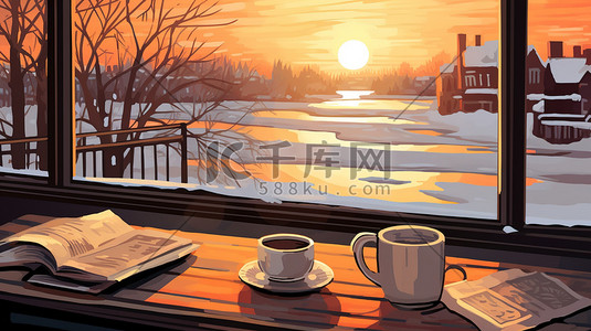 桌子咖啡窗外冬天的早晨2