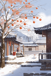 院内冬天雪景手绘插画海报