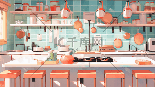 厨房柜子插画图片_现代感可爱厨房创意插画9