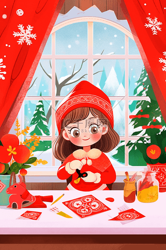 海报迎新年手绘女孩剪纸插画