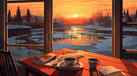早晨的阳光插画图片_桌子咖啡窗外冬天的早晨14