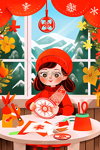 红色窗花剪纸插画图片_女孩剪纸插画迎新年手绘海报