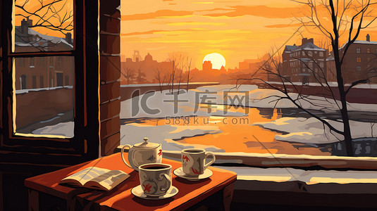 早晨的阳光插画图片_桌子咖啡窗外冬天的早晨7