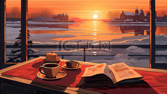 早晨的阳光插画图片_桌子咖啡窗外冬天的早晨10