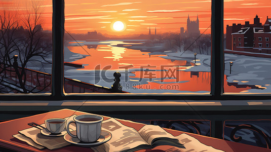 早晨的阳光插画图片_桌子咖啡窗外冬天的早晨18