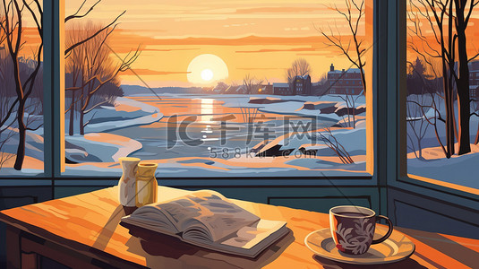窗外阳光插画图片_桌子咖啡窗外冬天的早晨12