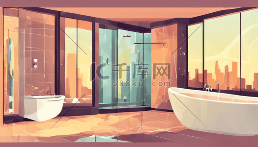 无人机社团插画图片_洗手间卫生间浴缸房间内景插画无人现代城市