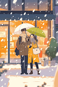 黑色的雨伞插画图片_冬天情侣雪景插画手绘海报