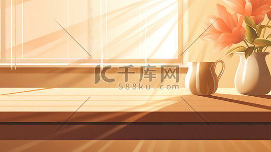 回转寿司桌子插画图片_米色温暖阳光家居桌子3