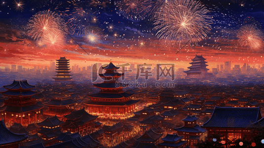 徽州古城插画图片_中国风古城烟花秀插画29