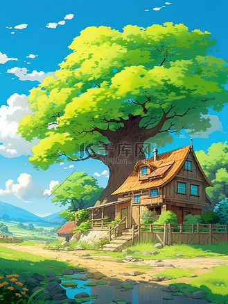 绿色田野中的高大树, 黄色的房子和蓝天个人vip和企业vip免费下载相关