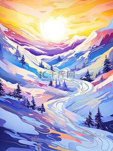 阳光绚丽插画图片_雪地雪山美丽绚丽的日落15