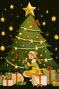 圣诞糖果绿色插画图片_圣诞节圣诞树女孩卡通手绘元素