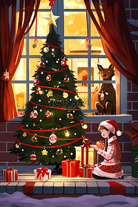 圣诞可爱女孩礼物手绘插画新年海报