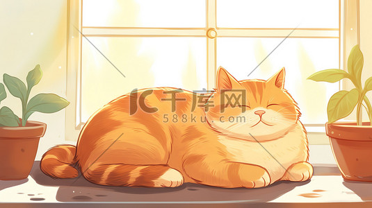 猫橘猫插画图片_橘猫慵懒躺在窗台16