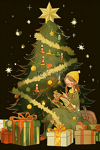 袜挂插画图片_圣诞节圣诞树女孩手绘元素卡通