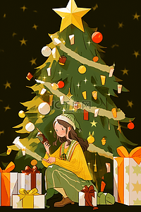 圣诞树圣诞节女孩卡通手绘元素