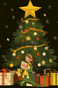 圣诞糖果绿色插画图片_圣诞节女孩卡通圣诞树手绘元素