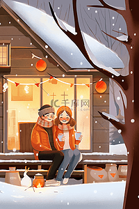 冬天情侣手绘在屋外赏雪插画