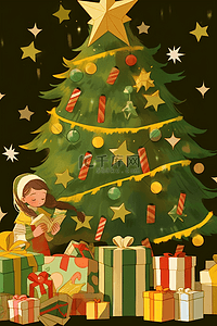 挂圣诞袜插画图片_圣诞树女孩卡通手绘元素圣诞节