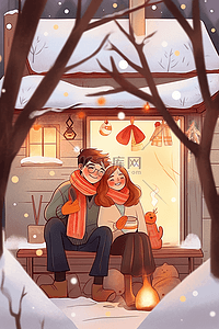 树上雪插画图片_情侣在屋外赏雪手绘插画冬天